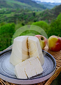 Natural Asturian cider made fromÂ fermented apples and Asturian cow smoked cheese and view Picos de Europa mountains